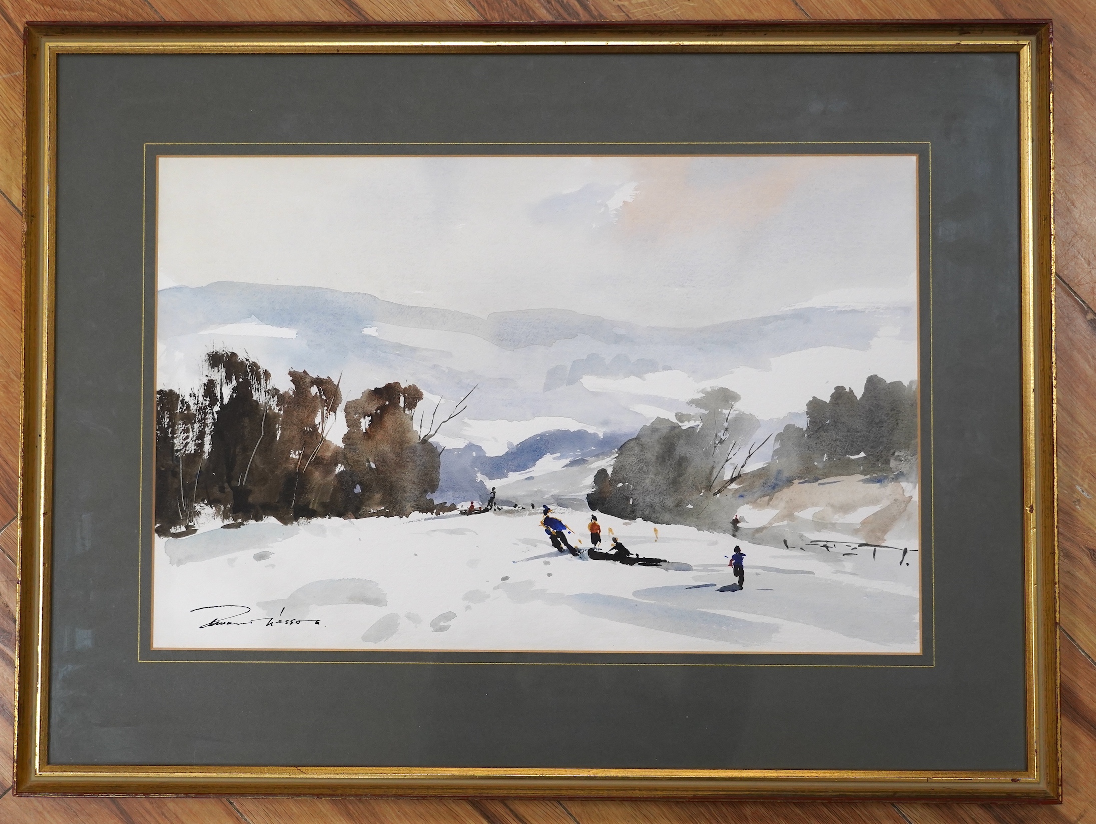 Edward Wesson (1910-1983), watercolour, 'Winter sports at Surrey' signed, Fine Arts label verso, 33 x 49cm